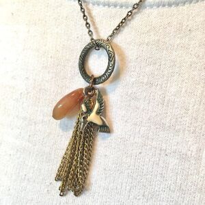 Vintage Enamel Hummingbird Pendant Necklace Silver Tone Trace Chain Tassel Agate